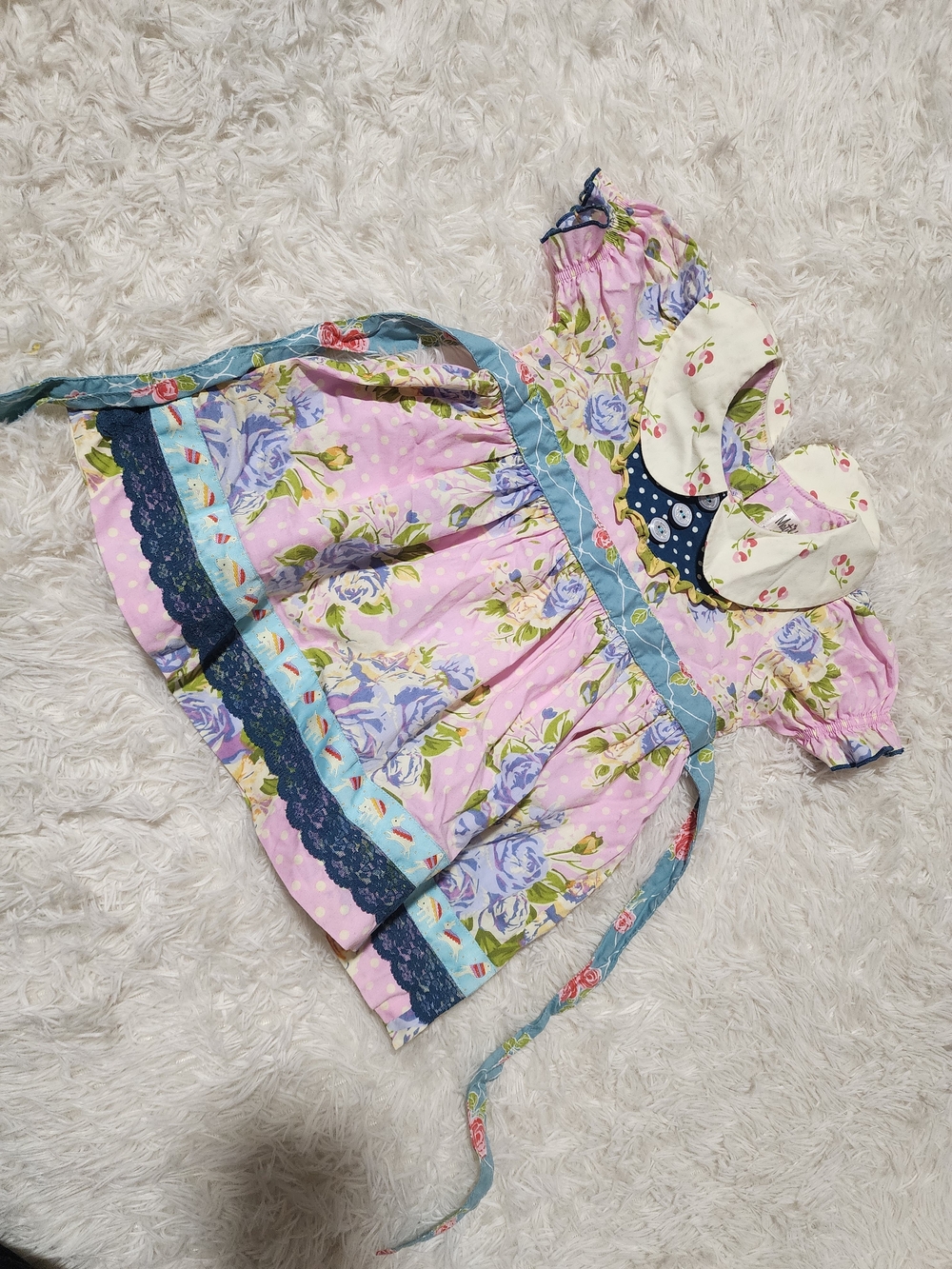 Matilda Jane Pink Floral Dress with Blue Trim and Lace